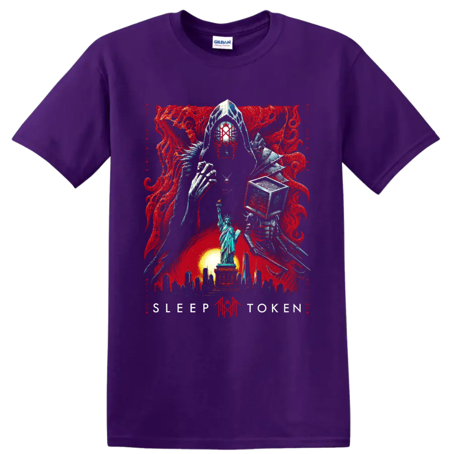 Sleep Token gothic horror masked figure with Statue of Liberty and red art on a Purple T Shirt