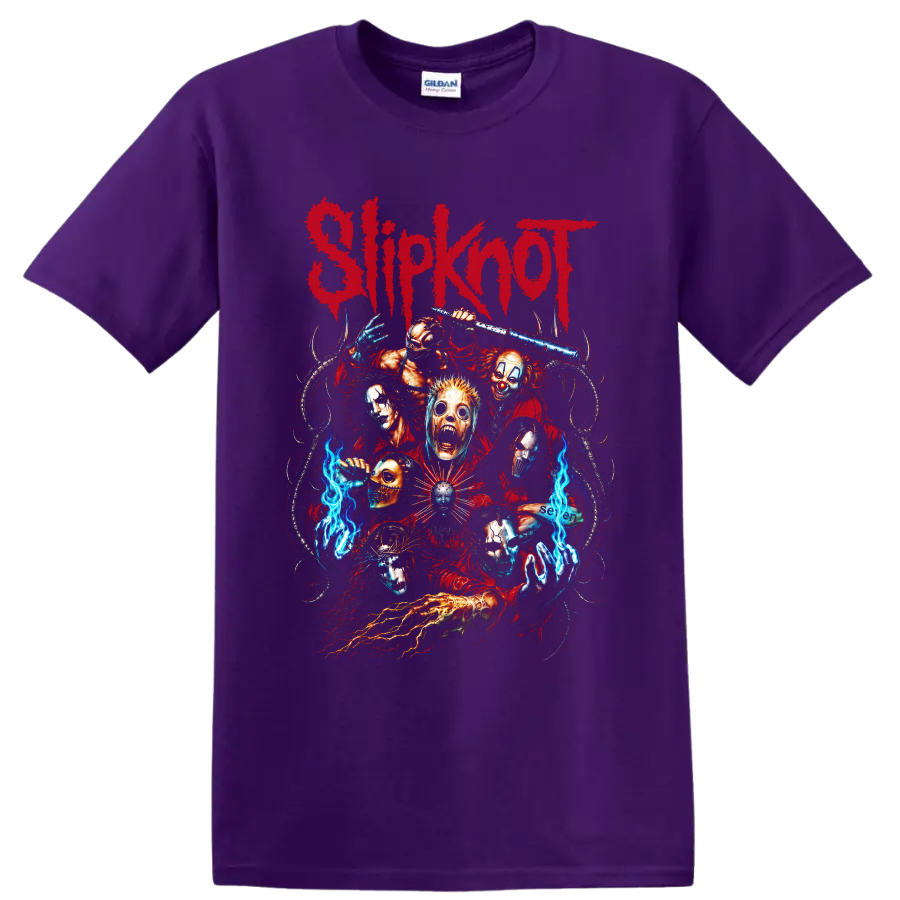 Slipknot distressed red logo with masked horror figures and blue flames on a Purple T Shirt