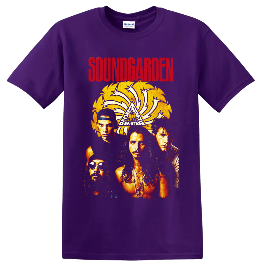 Soundgarden rock band portrait with golden sunburst and distressed lettering on a Purple T Shirt