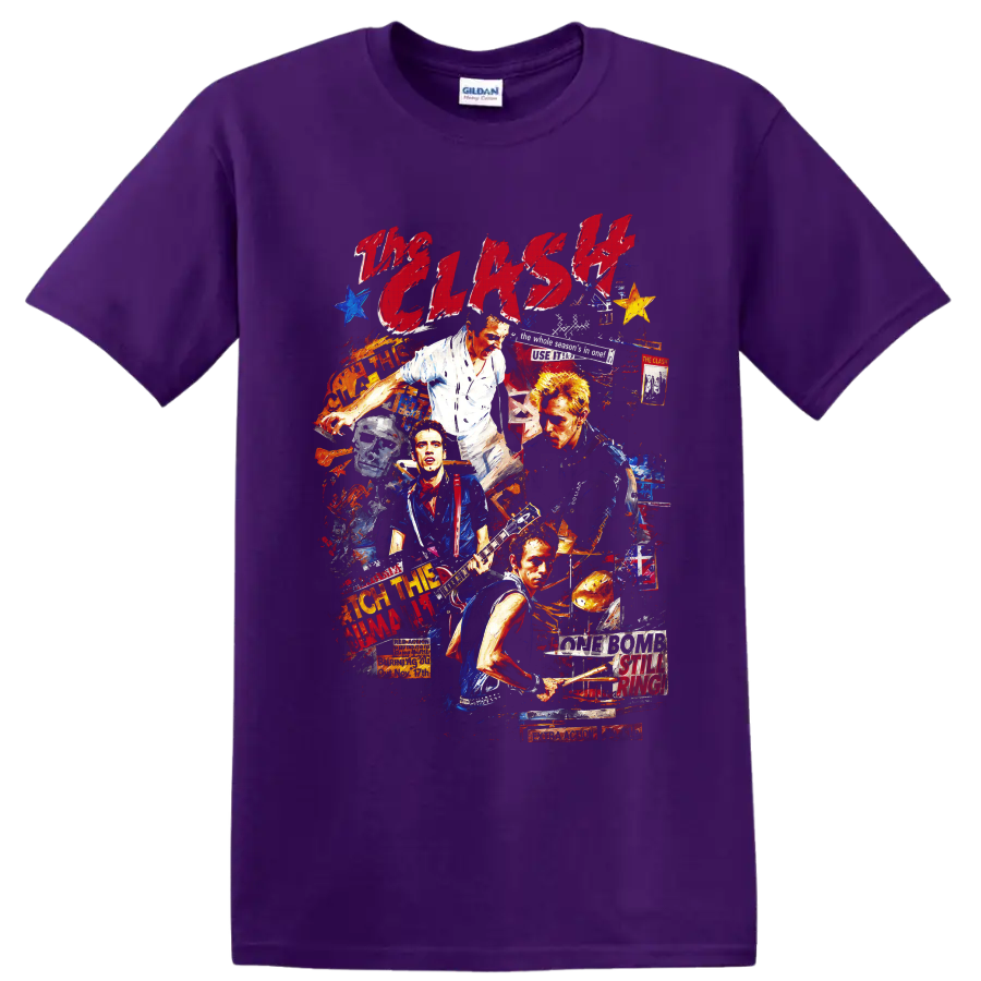 The Clash punk rock collage with guitars, drums, and distressed lettering on a Purple T Shirt