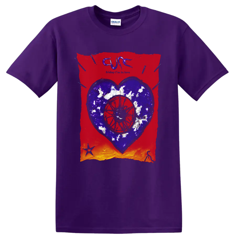 The Cure heart and eye gothic rock graphic print on a Purple T Shirt