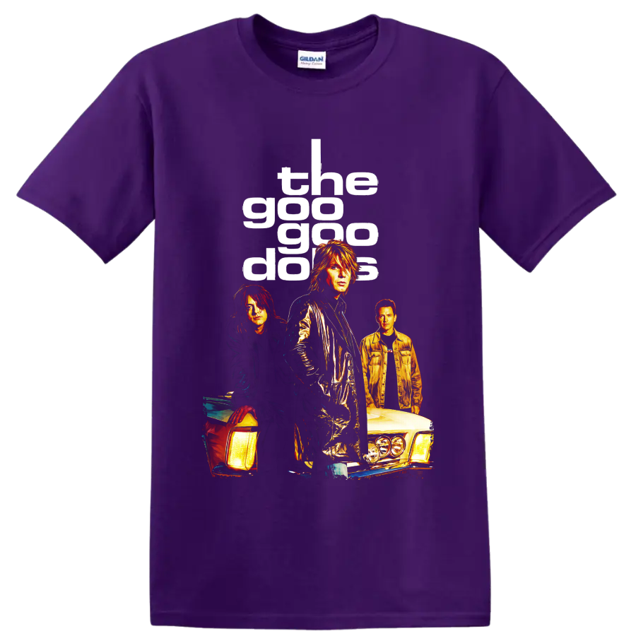 Goo Goo Dolls rock band portraits with classic cars and bold lettering on a Purple T Shirt