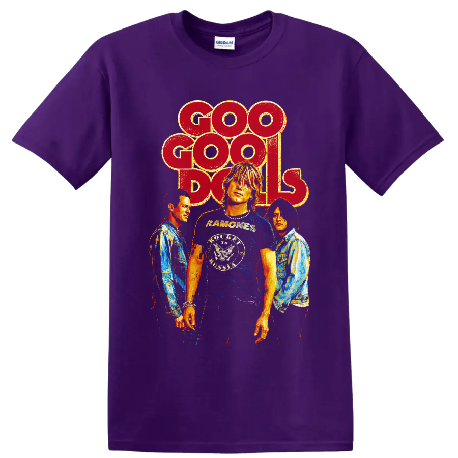 Goo Goo Dolls vintage rock band portrait graphic with distressed lettering on a Purple T Shirt