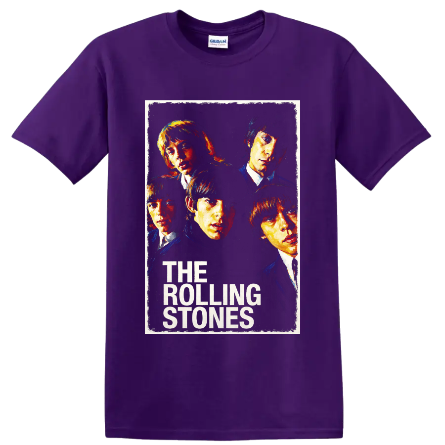 The Rolling Stones five-portrait vintage rock band graphic with text on a Purple T Shirt