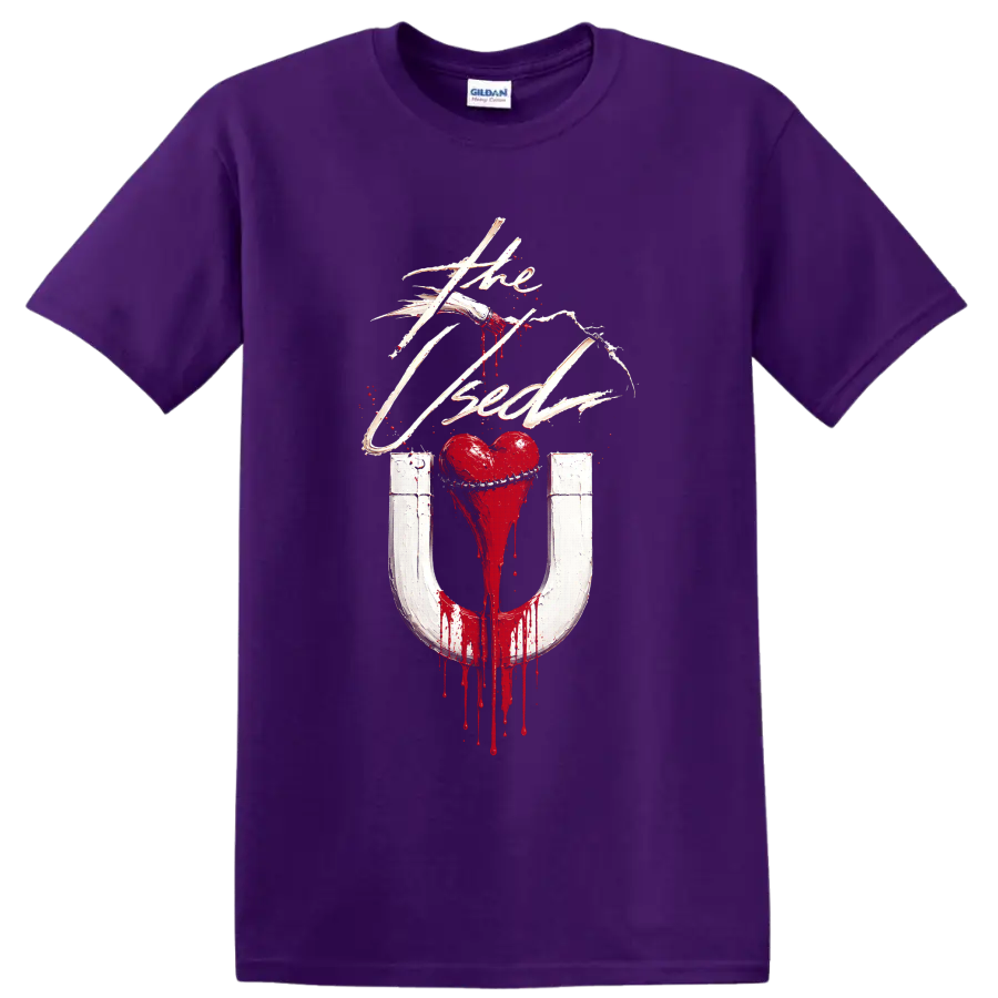 The Used heart magnet graphic print with distressed gothic rock styling on a Purple T Shirt