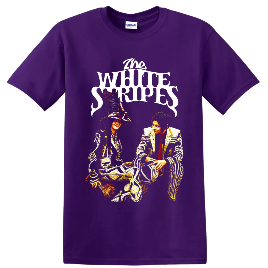 The White Stripes duo portrait graphic with ornate stage outfits and bold lettering on a Purple T Shirt