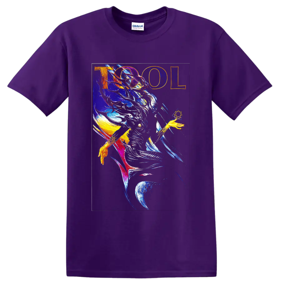 Tool psychedelic cosmic astronaut graphic print with bold lettering on a Purple T Shirt