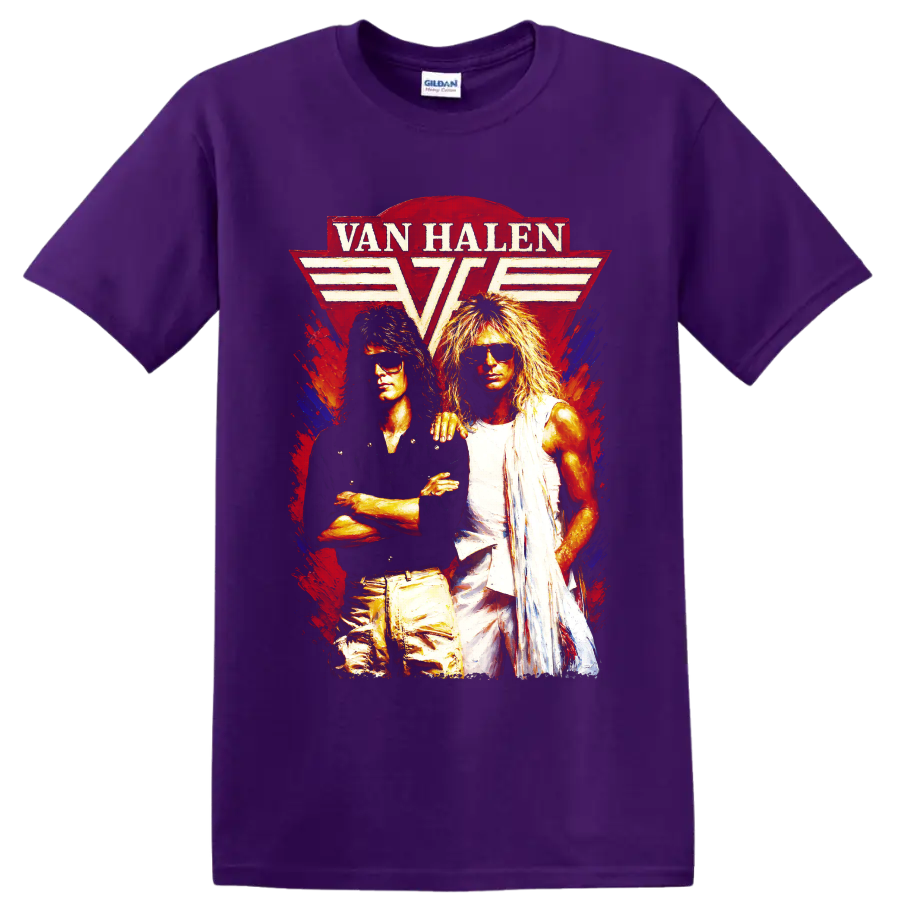 Van Halen winged logo with two rock performers in vintage distressed art on a Purple T Shirt