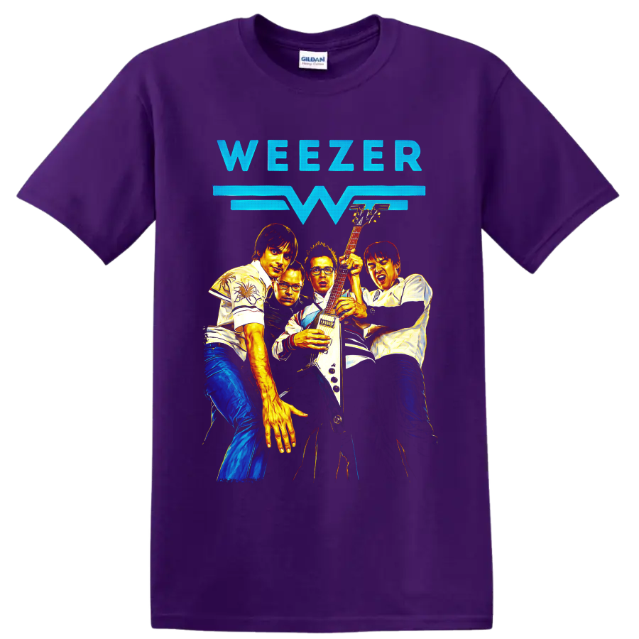Weezer rock band group portrait with electric guitar and bold lettering on a Purple T Shirt