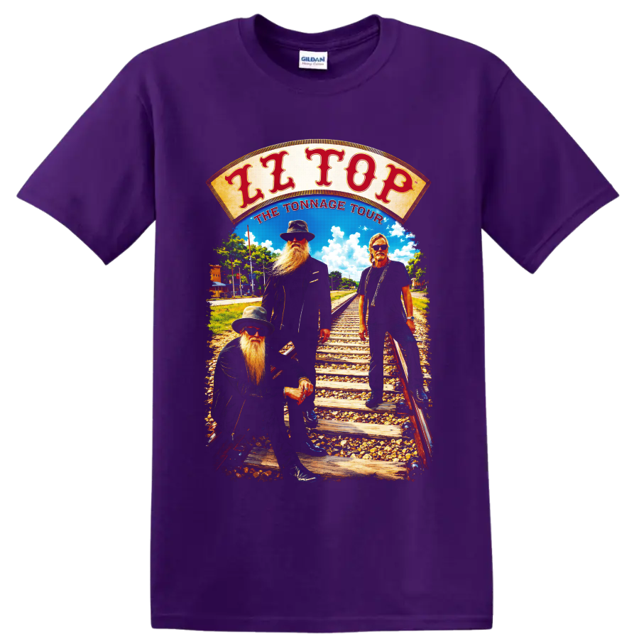 ZZ Top Tonnage Tour vintage railroad rock band graphic on a Purple T Shirt