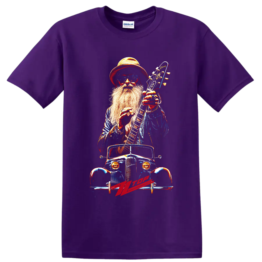 ZZ Top bearded guitarist with electric guitar and vintage car graphic on a Purple T Shirt