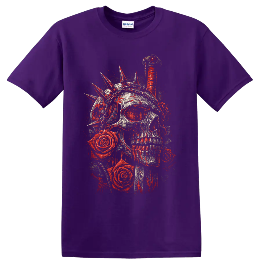 Gothic skull with red roses and spiked crown graphic on a Purple T Shirt