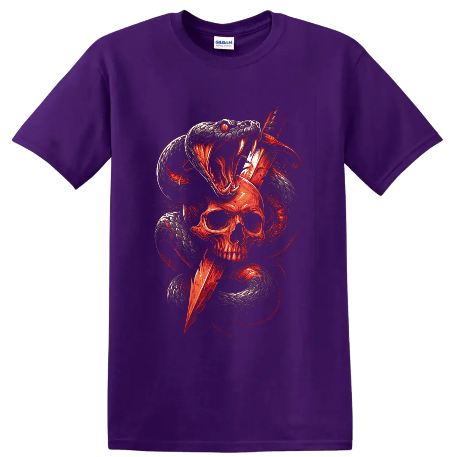 Red fanged snake coiling around a skull in gothic horror art on a Purple T Shirt