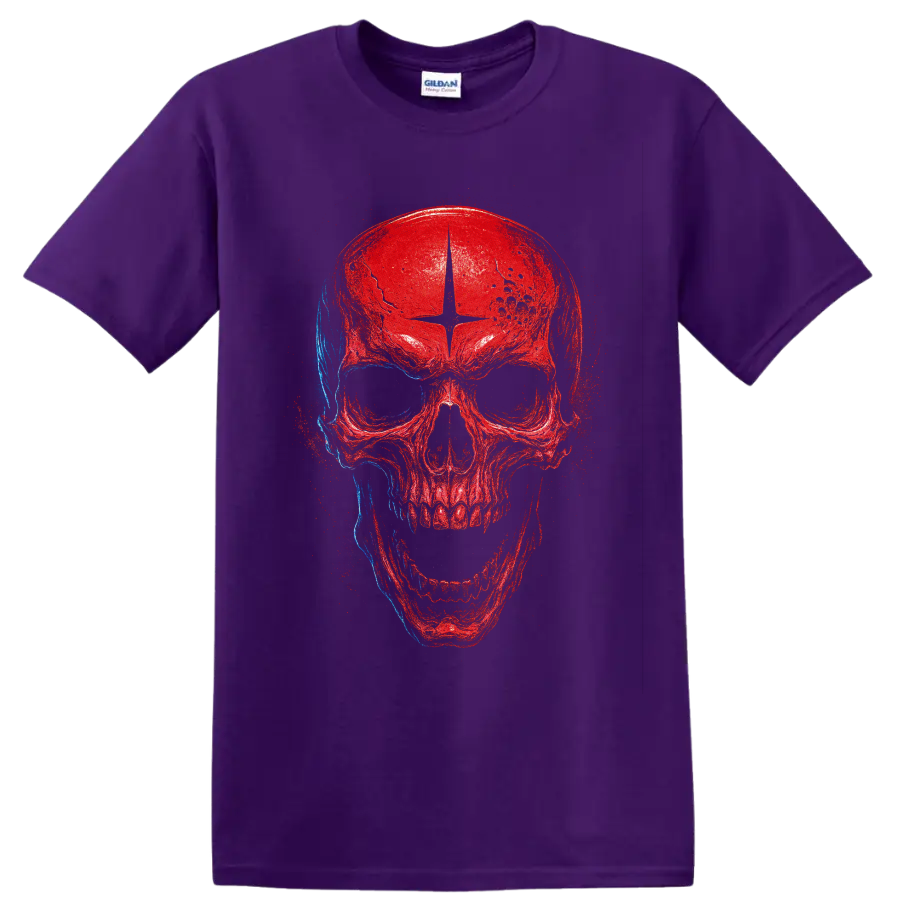 Distressed red and blue skull grunge graphic print on a Purple T Shirt