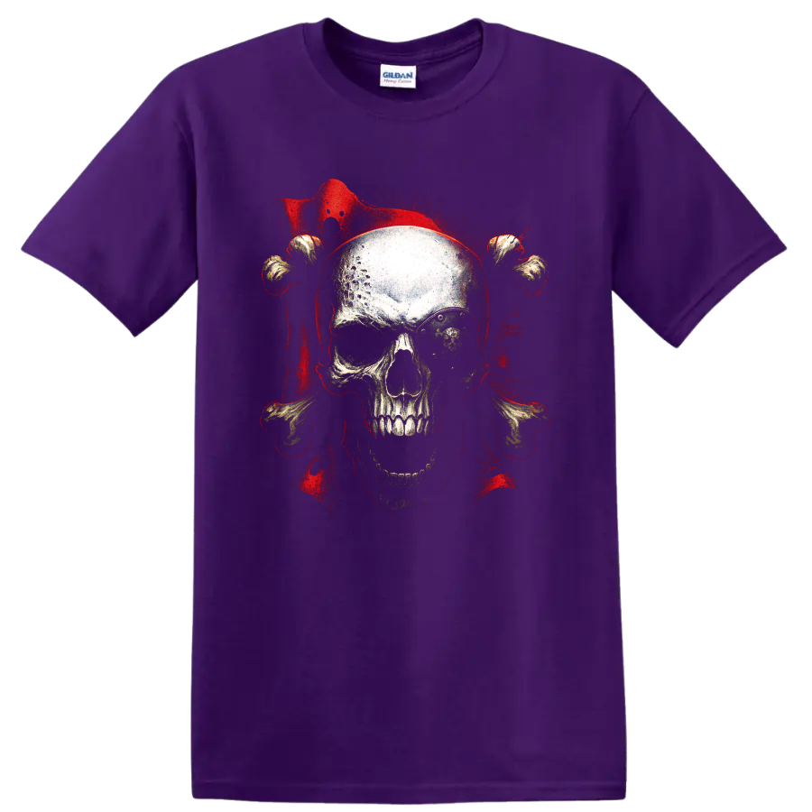 Gothic skull and crossbones graphic with red grunge splatter on a Purple T Shirt