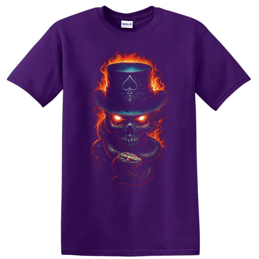 Flaming skull with snake, spade top hat, and fiery gothic horror artwork on a Purple T Shirt
