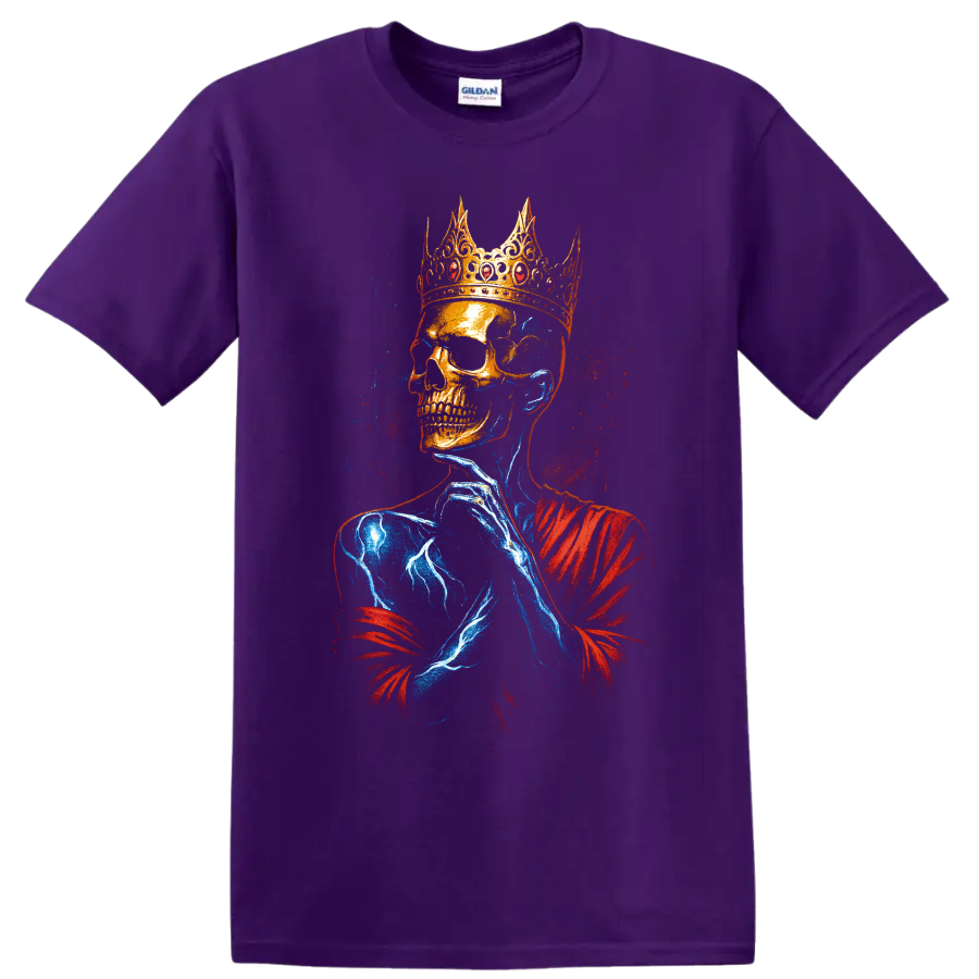 Crowned skull king gothic graphic with red and blue splatter art on a Purple T Shirt
