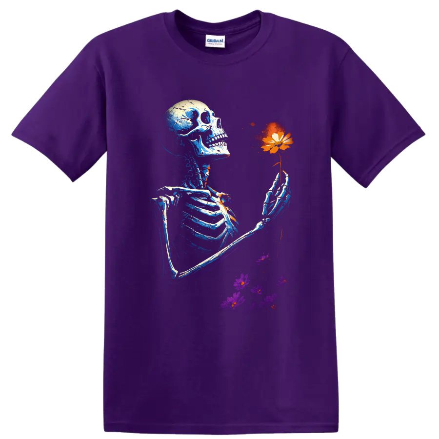 Gothic skeleton holding an orange flower with purple floral accents on a Purple T Shirt
