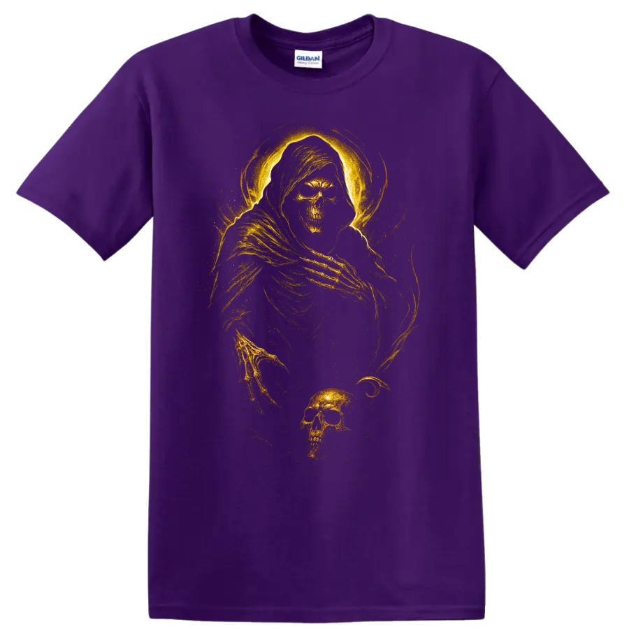 Golden grim reaper skull gothic skeleton graphic print on a Purple T Shirt