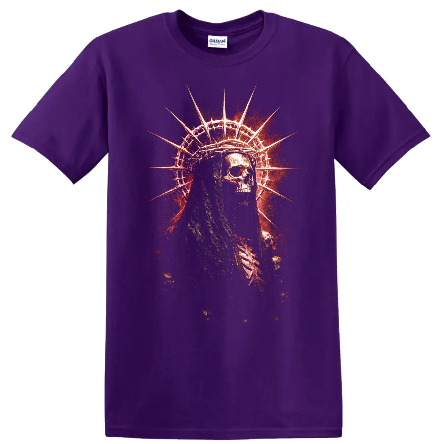 Distressed skull Statue of Liberty gothic horror graphic with red grunge burst on a Purple T Shirt