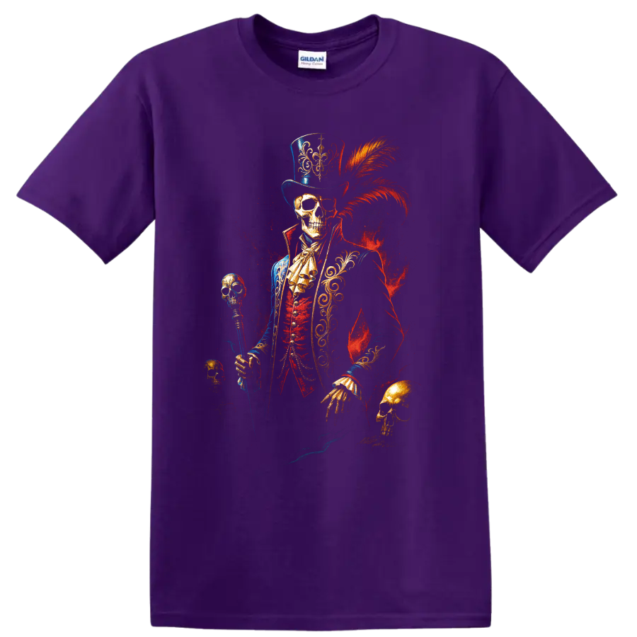 Gothic skeleton ringmaster in top hat with skull cane and red plume on a Purple T Shirt