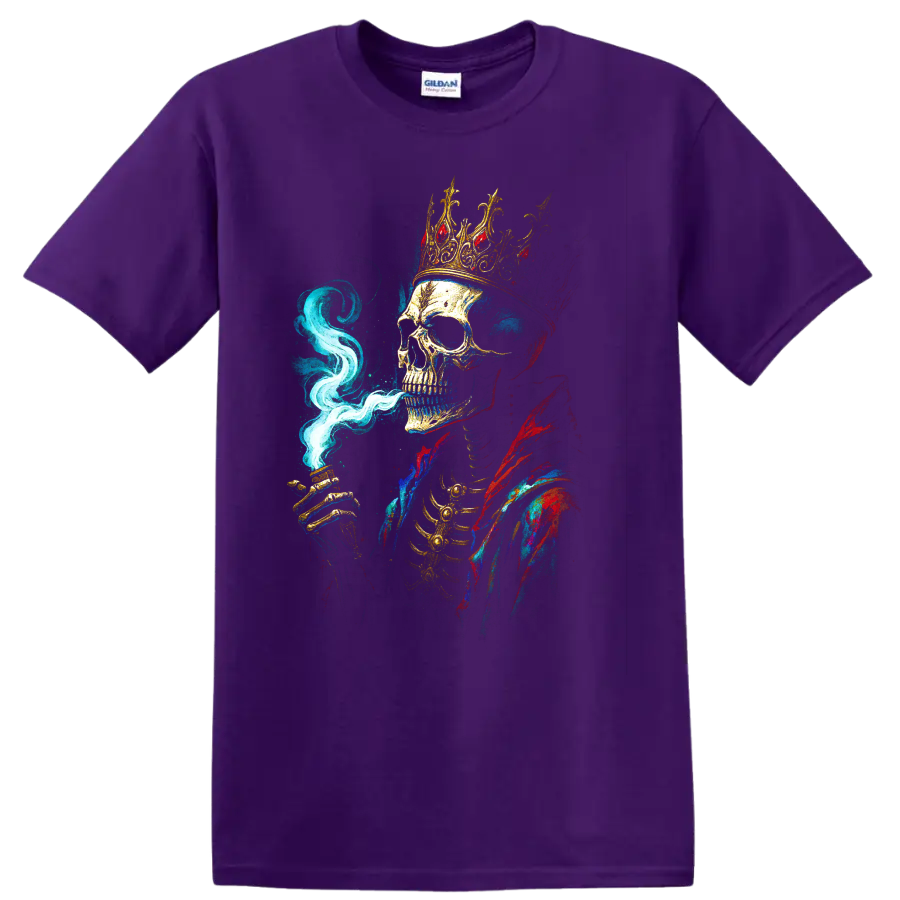 Crowned skull king with blue smoke and colorful gothic art on a Purple T Shirt