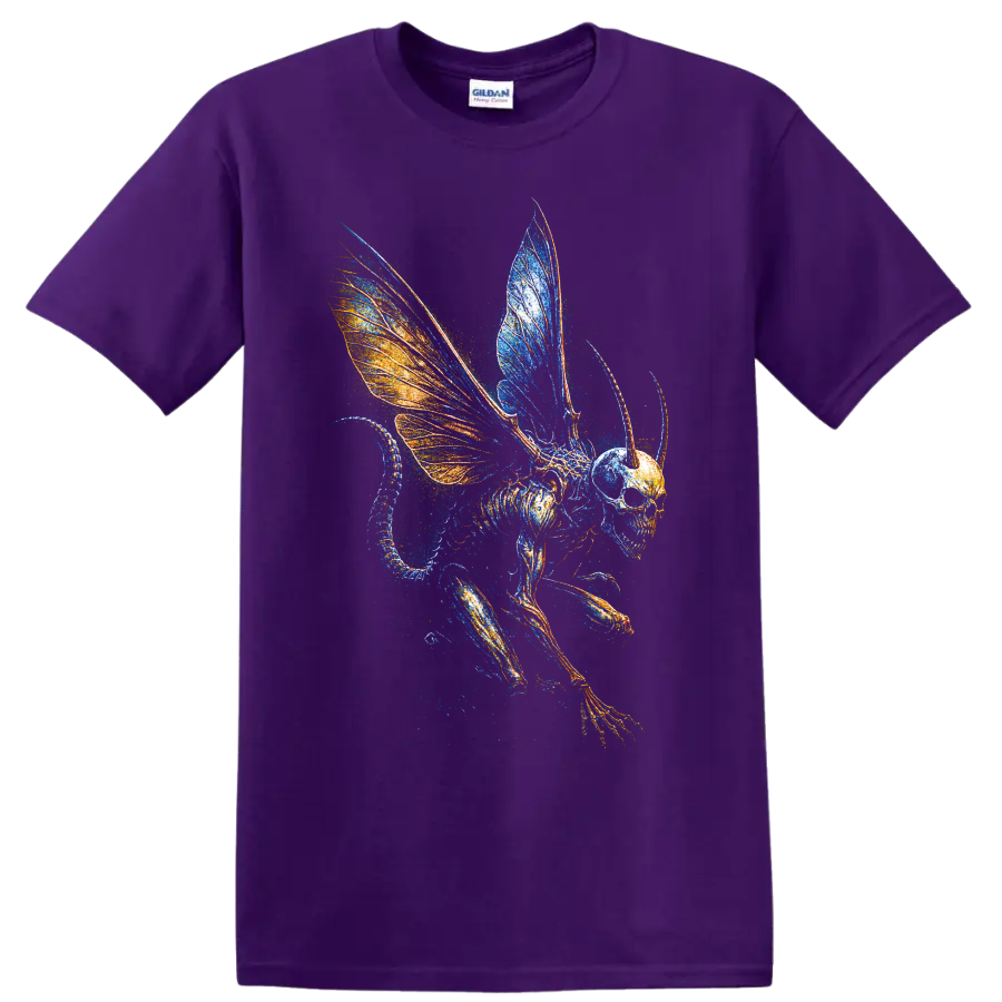 Winged skull skeleton creature with blue and orange gothic fantasy wings on a Purple T Shirt