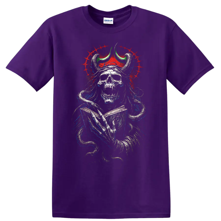 Horned skull warrior with gothic distressed artwork and red splatter on a Purple T Shirt