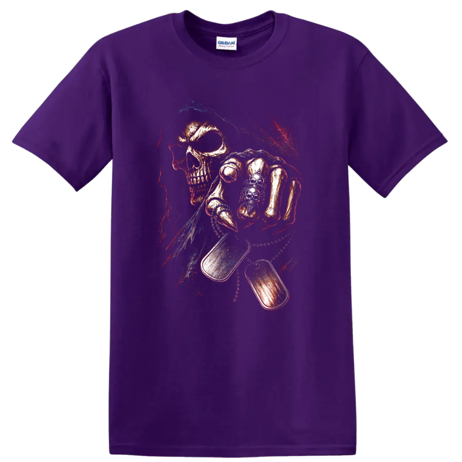 Distressed gothic skull graphic with vivid red, blue, and orange accents on a Purple T Shirt