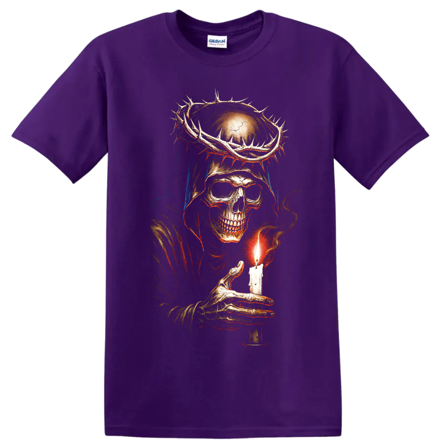 Gothic grim reaper skull holding a glowing candle beneath a crown of thorns on a Purple T Shirt