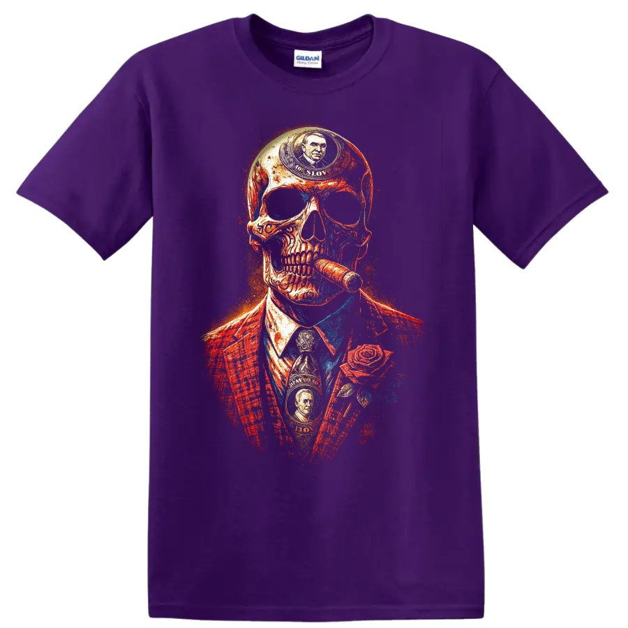 Distressed gangster skull in suit with cigar and rose graphic on a Purple T Shirt