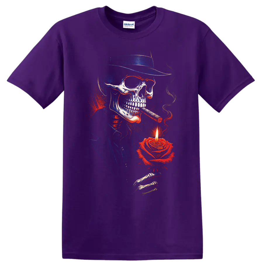 Gothic skull cowboy with cigar and glowing rose candle graphic on a Purple T Shirt