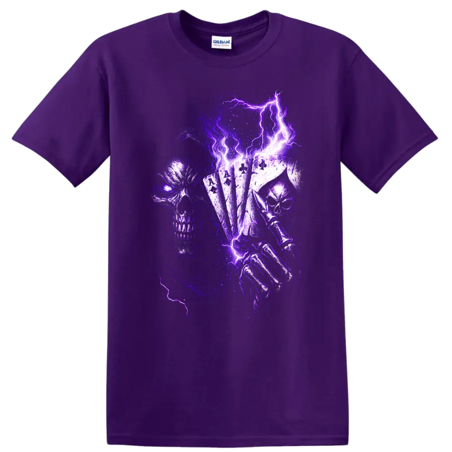 Gothic skull holding playing cards with purple lightning artwork on a Purple T Shirt