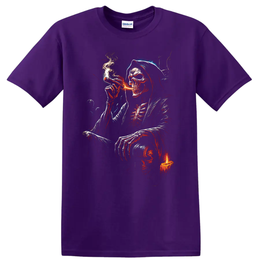 Hooded smoking skeleton skull with candle in distressed gothic art on a Purple T Shirt