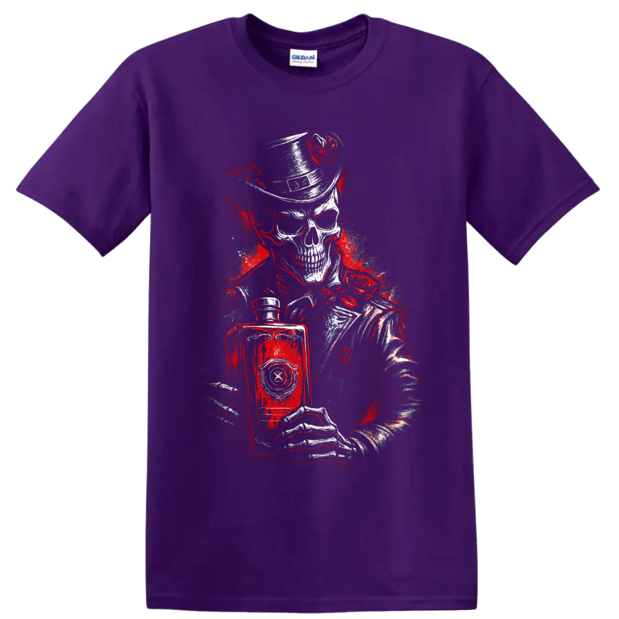 Gothic skull in top hat holding a book with red distressed artwork on a Purple T Shirt