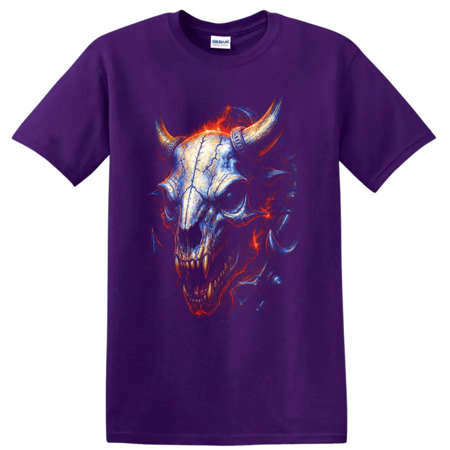 Horned skull gothic artwork with vivid blue, red, and orange fire-like detail on a Purple T Shirt