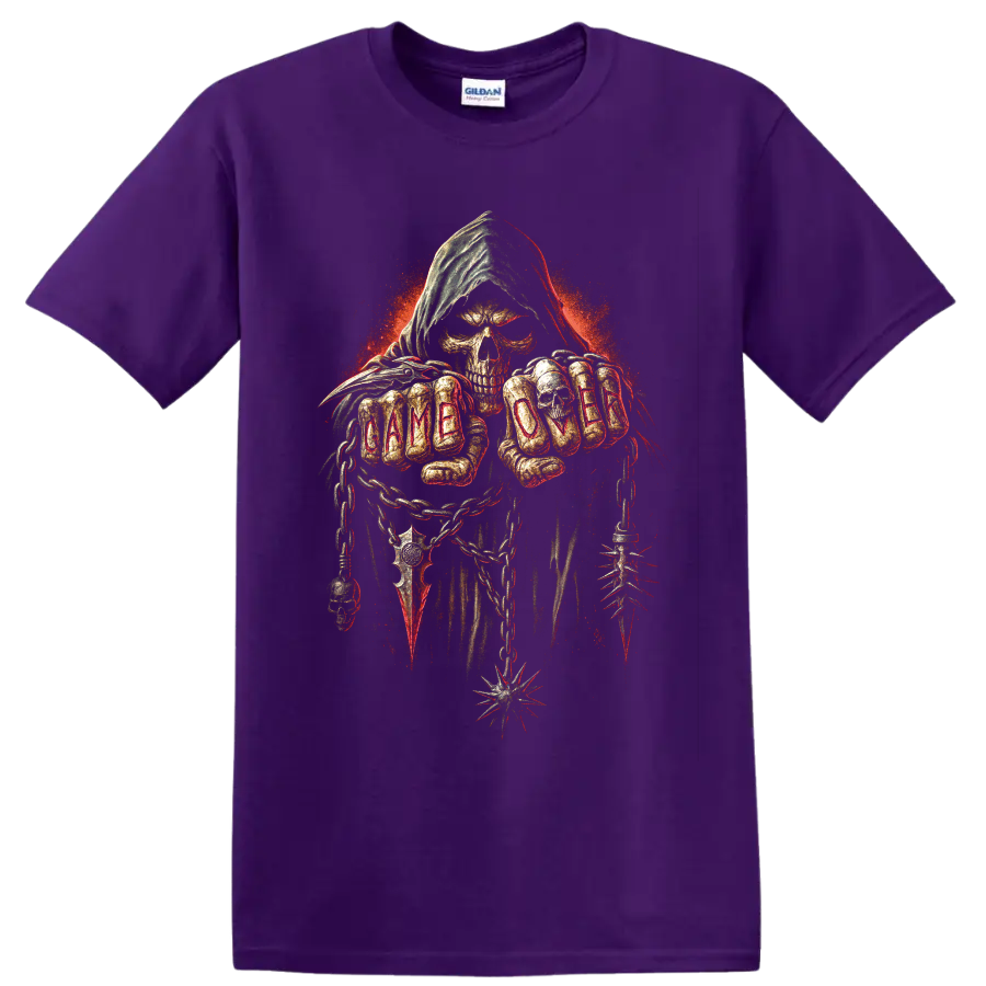 Grim reaper skull with hood, chains, spikes, and gothic distressed art on a Purple T Shirt