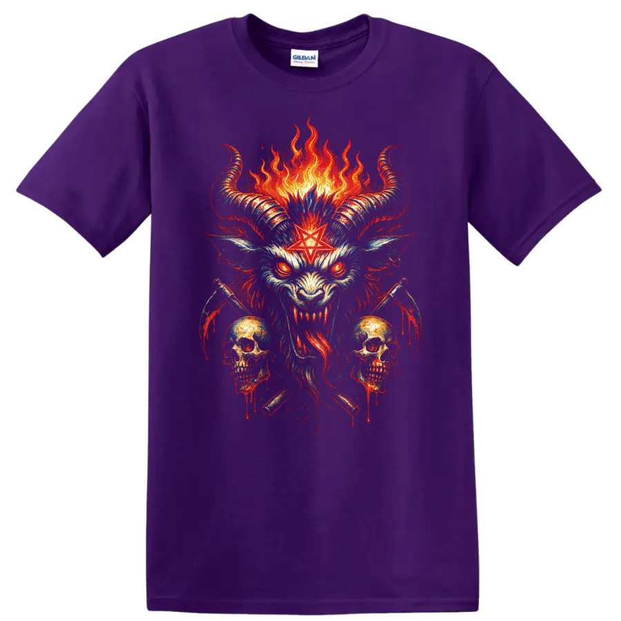 Horned demon skull with flames and red star gothic graphic print on a Purple T Shirt