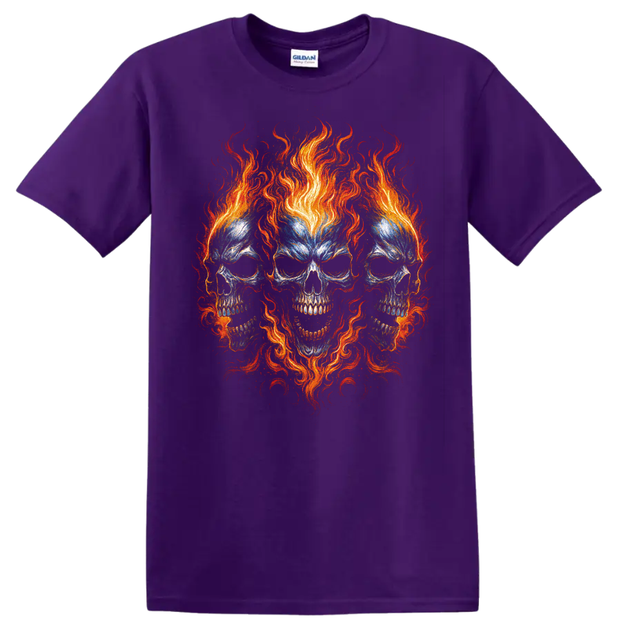 Flaming triple skull gothic horror graphic with vivid swirling fire on a Purple T Shirt