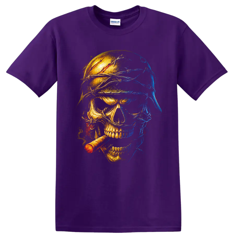 Blue and gold split-face skull graphic with cigar and distressed gothic art on a Purple T Shirt