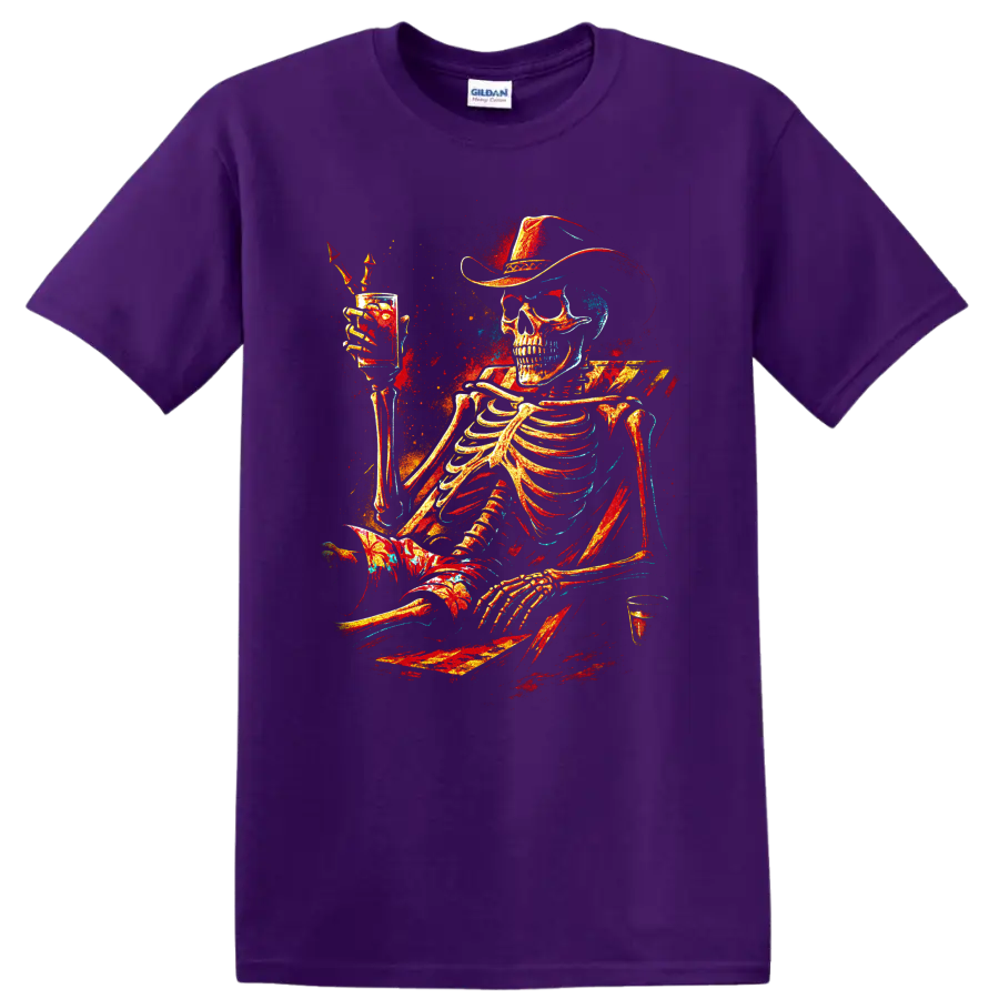 Western gothic skeleton cowboy raising a cocktail glass with colorful splatter art on a Purple T Shirt