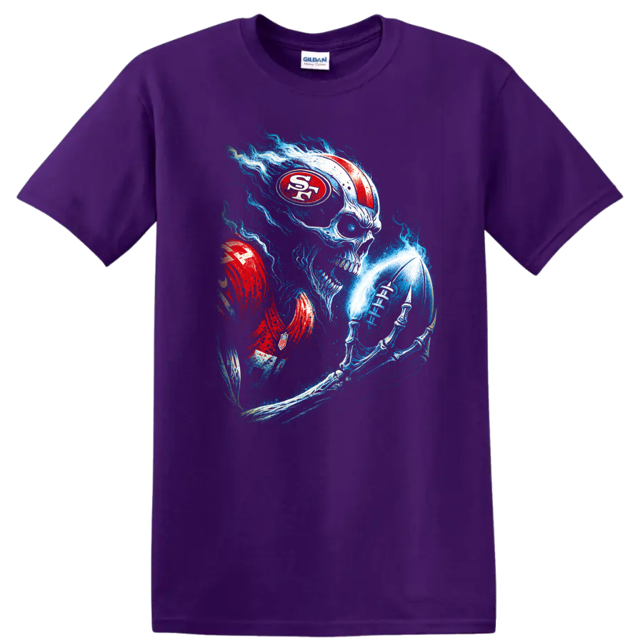 Gothic skull football player with red helmet and blue flames on a Purple T Shirt