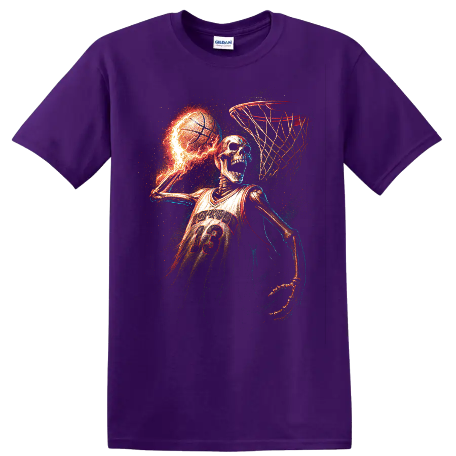 Fiery skeleton basketball player slam dunk graphic with glowing neon effects on a Purple T Shirt