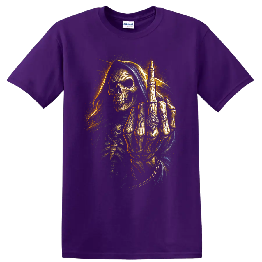 Hooded Grim Reaper skull with raised skeletal hand in gothic dark art on a Purple T Shirt