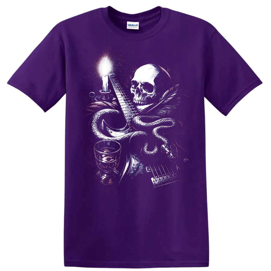 Colorful skull music graphic with guitar, drums, keyboard, and microphone on a Purple T Shirt
