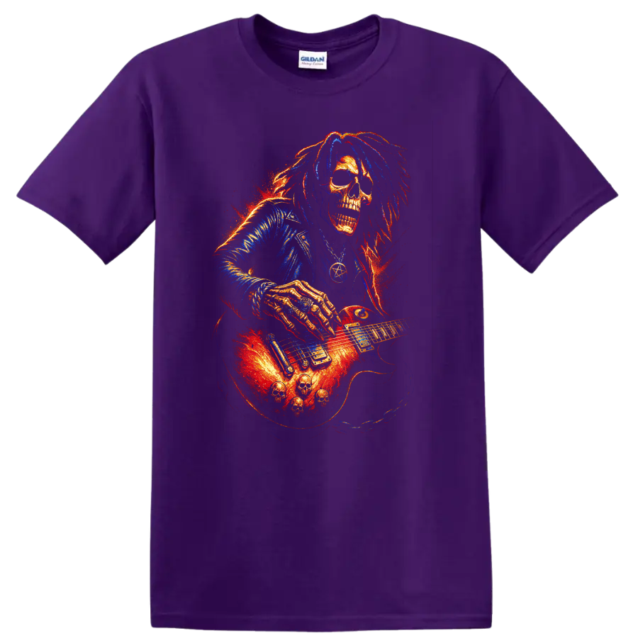 Fiery gothic skull guitarist playing electric guitar graphic on a Purple T Shirt