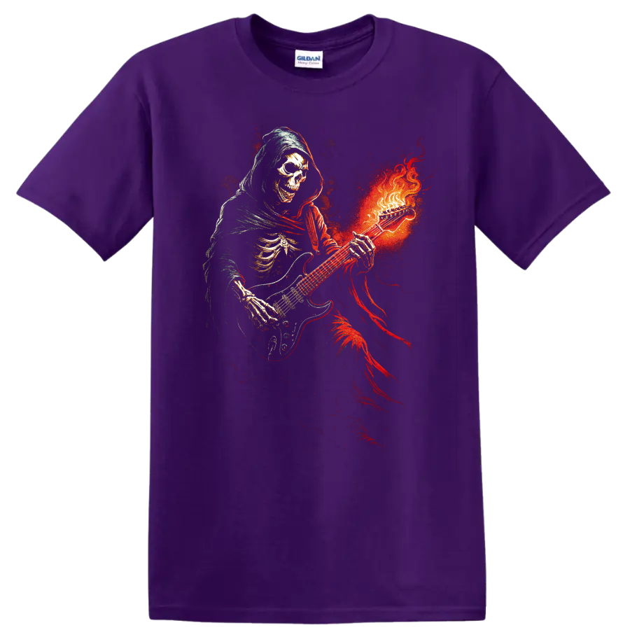 Hooded skull guitarist with fiery red and orange gothic artwork on a Purple T Shirt