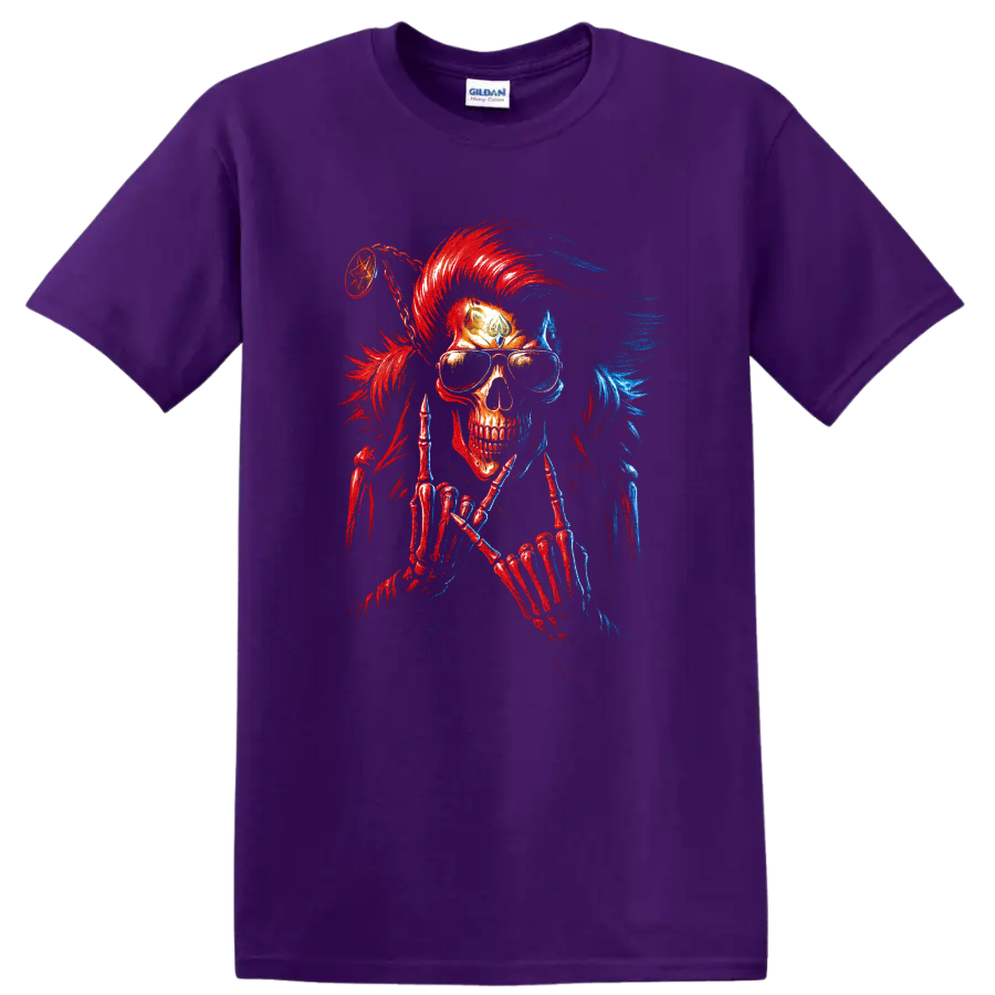 Gothic skull warrior with red and blue mohawk, sunglasses, and skeletal hands on a Purple T Shirt