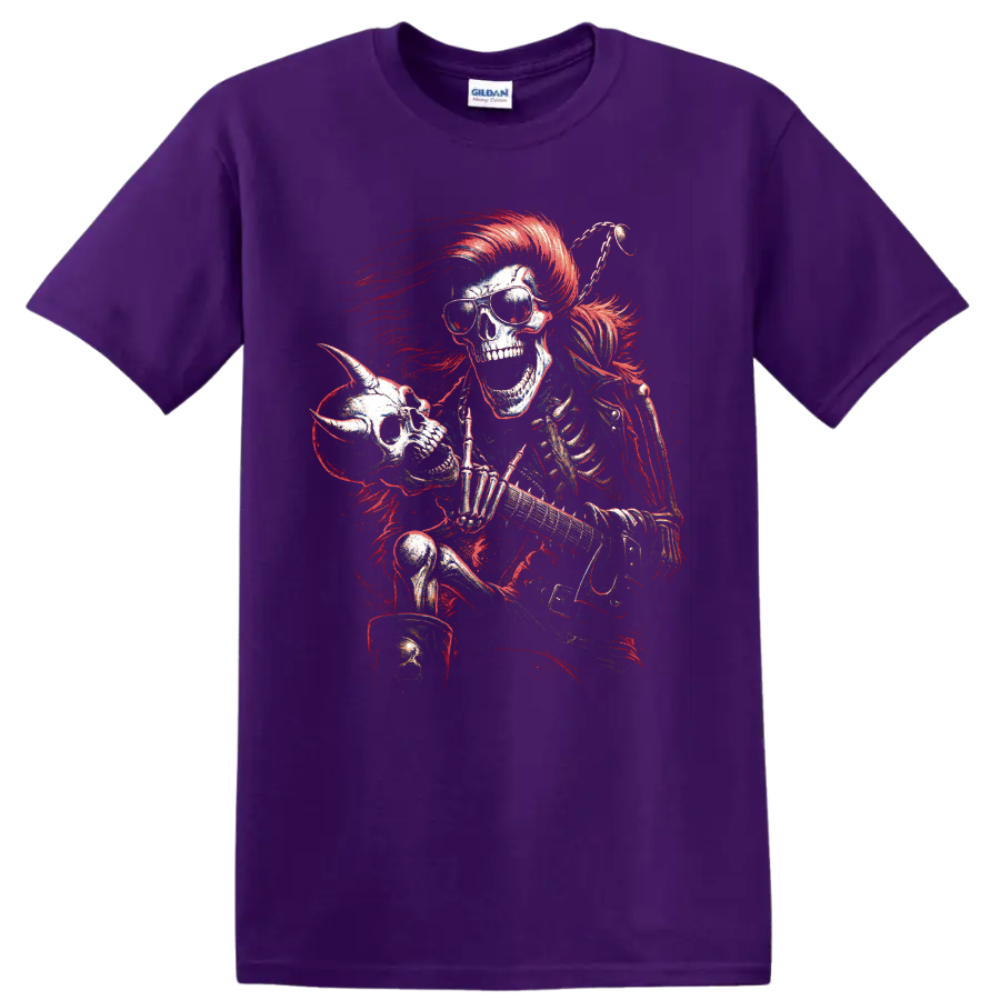 Gothic skeleton guitarist with sunglasses, red mohawk, and electric guitar on a Purple T Shirt