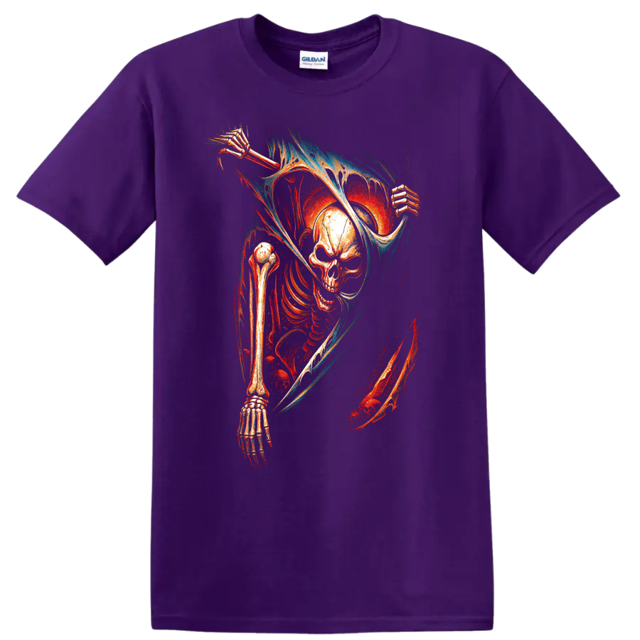 Skull reaper with hooded skeletal figure in vivid gothic horror art on a Purple T Shirt